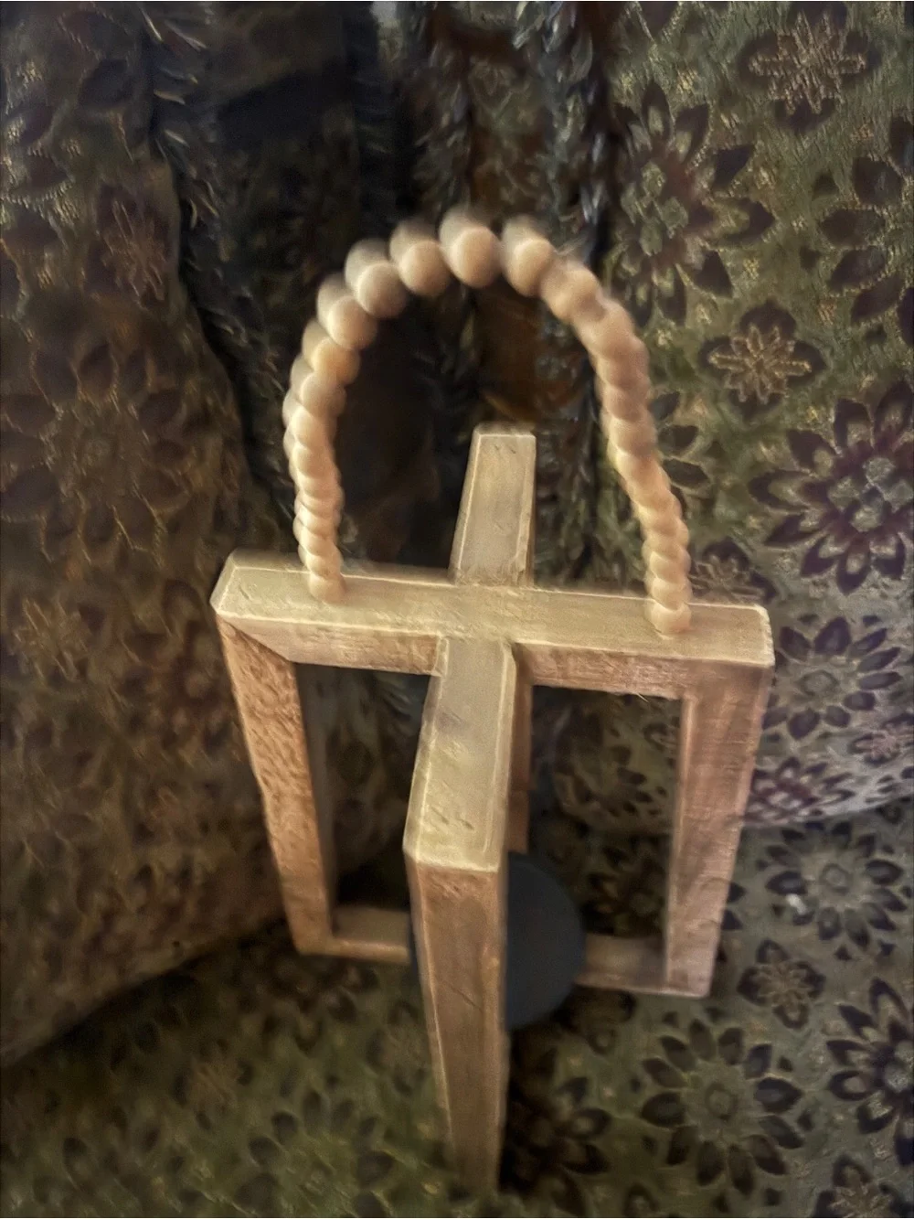 Wooden Beaded Lantern Holder - Distressed Light Brown & Natural Beads